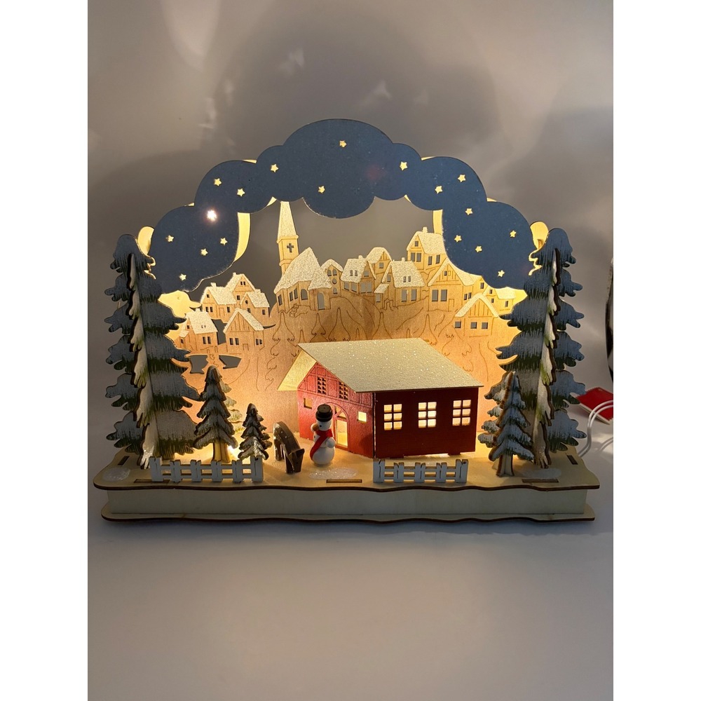 Light Up Wooden Nordic Style Christmas Village Arch Music Box Snowman Deer - Picture 5 of 14